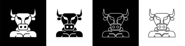 Stel Minotaurus pictogram geïsoleerd op zwart-wit achtergrond. Mythische Griek krachtig schepsel de half menselijke stier legendarische minotaurus uit Kretenzer labyrint. Vector. - Vector, afbeelding
