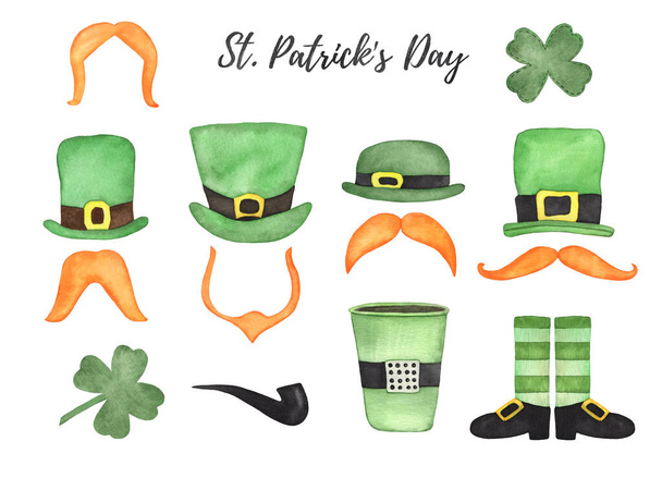 Shamrock aquarelle, chapeaux de lutin, moustache orange. St. Patrick's Day Décor de fête clipart - Photo, image