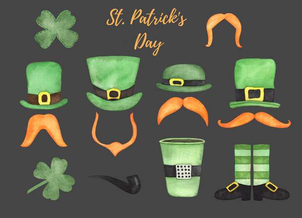 Watercolor Shamrock, Leprechaun Hats, Orange Mustache. St. Patrick's Day Party decor clipart - Φωτογραφία, εικόνα