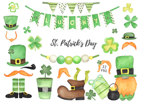 Aquarel Shamrock, Kabouter hoeden, Oranje snor. St. Patrick 's Day Party decoratie clipart - Foto, afbeelding