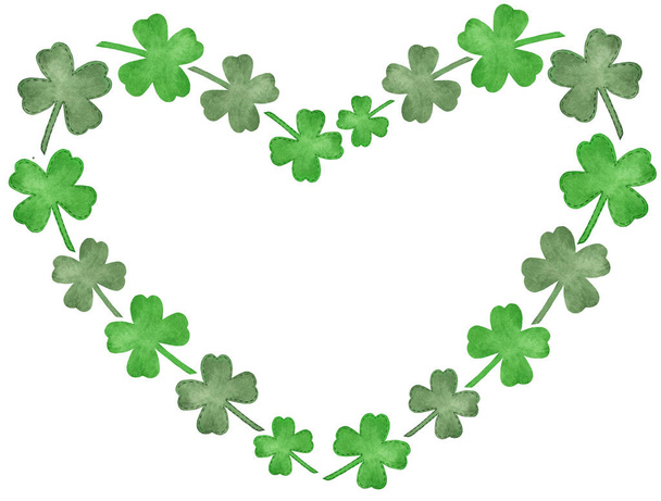 Aquarell Shamrock Clover Heart Frame, Handgezeichnete St. Patrick 's Day Illustration - Foto, Bild