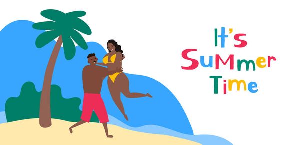 jego czas letni .Afrykańska para amerykańska bawiąc się na tropikalnej plaży wektor ilustracji - Wektor, obraz