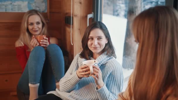 Vacaciones de invierno. Chicas divirtiéndose en la acogedora cabaña de madera en la montaña. Beber bebidas calientes cerca de la ventana grande - Imágenes, Vídeo