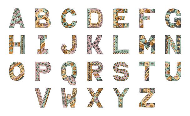 Conjunto de letras desenhadas à mão decoradas com padrões. Pode ser usado para decorar artigos domésticos, artigos de papelaria, roupas, etc.. - Vetor, Imagem