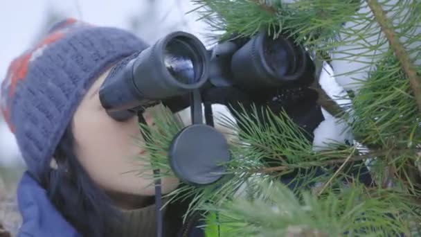Mujer escondida detrás de un pino y usando prismáticos - Metraje, vídeo