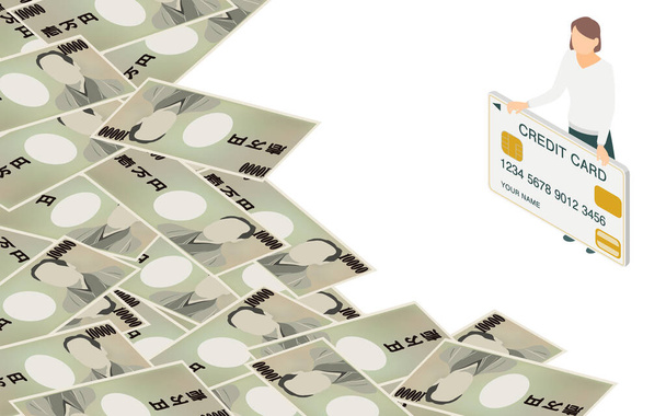 Ilustracja obrazu gotówki z karty kredytowej, izometryczne - Tłumaczenie: Japońska waluta, co oznacza 10.000 jenów - Wektor, obraz
