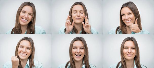 Positive attitude and happy emotions. Set of beautiful woman with different positive emotions or expressions isolated on grey background. Collage of human emotions - Photo, Image