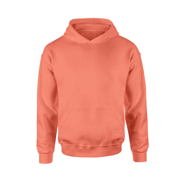 Give a boost to your designing work by using this Front View Luxurious Men Hoodie Mockup In Camellia Orange Color Without Drawcords, It will astonishing - 写真・画像