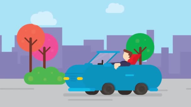 Flat Cartoon animation a man driving a car on road. - Video