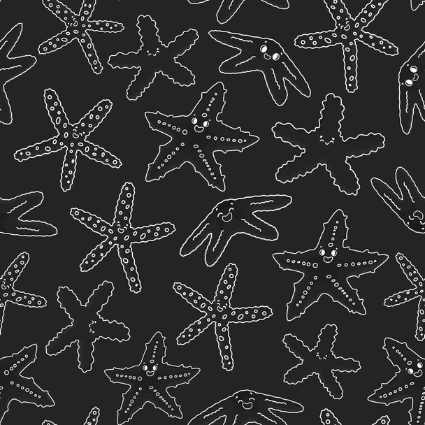 Vector sin costura esquema patrón de dibujos animados de estrellas de mar. Una estrella de mar sonriente con ojos. Doodle de invertebrados marinos con cinco brazos, de color blanco negro. Ilustración tiene pizarra tiza efecto pizarra - Vector, imagen