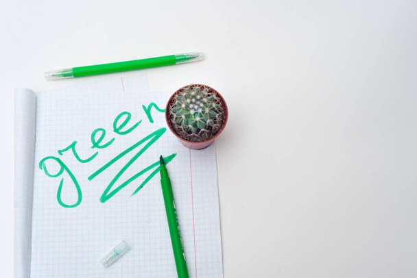 Zöld markerek, kaktusz és négyzet alakú papír a "zöld" felirattal". - Fotó, kép