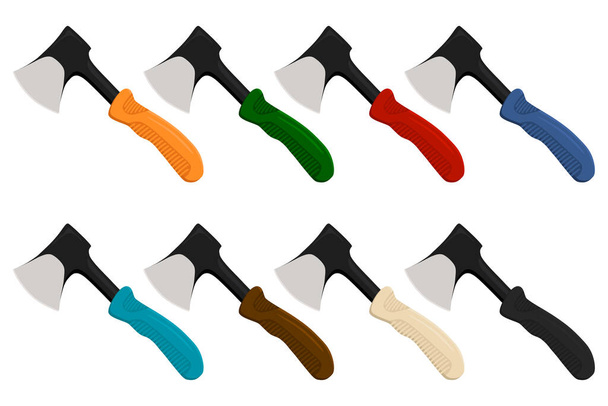 Illustration on theme big kit steel axes with wooden handle, metal ax for hunting. Pattern ax consisting of many different axes on white background. Forged axes it main accessory male, ax for survival - Vector, Image