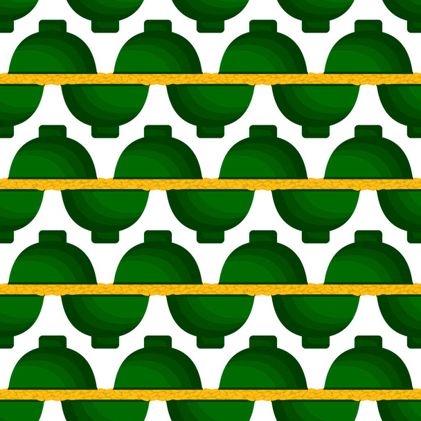 Illustration zum Thema irischer Feiertag St. Patrick, nahtloser Topf mit Münzen. Muster St. Patrick Tag vieler identischer Münzen im Topf auf weißem Hintergrund. Topf für Münzen wichtigstes Accessoire zum St. Patrick Day - Vektor, Bild