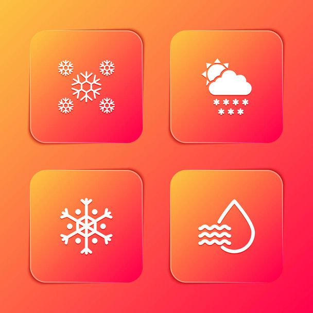 Imposta neve, nuvola con neve e sole, fiocco di neve e icona percentuale goccia d'acqua. Vettore. - Vettoriali, immagini