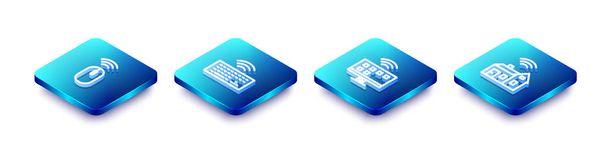 Set Isometric line Wireless mouse, keyboard, Smart Tv system and home with wireless icon. Vector - Vector, Image