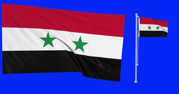 Vihreä ruutu Syyria kaksi lippua heiluttaa Syyrian lipputangon animaatio 3d chroma avain - Materiaali, video