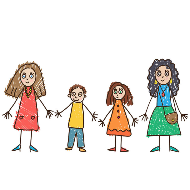 Детский стиль рисования. Однополые родители. Семья с двумя матерями, сыном и дочерью в яркой одежде векторная иллюстрация - Вектор,изображение