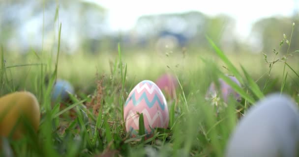 Paskalya yumurtası avı için otların arasına saklanmış Paskalya yumurtaları.. - Video, Çekim