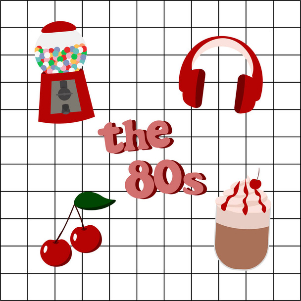 80s zestaw słuchawkowy cukierek maszyna gorąca czekolada wiśnia - Wektor, obraz
