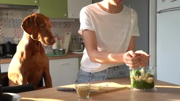 Mulher corta queijo com faca a bordo para fazer molho pesto, cozinhar na cozinha em casa, cão implorando comida - Filmagem, Vídeo