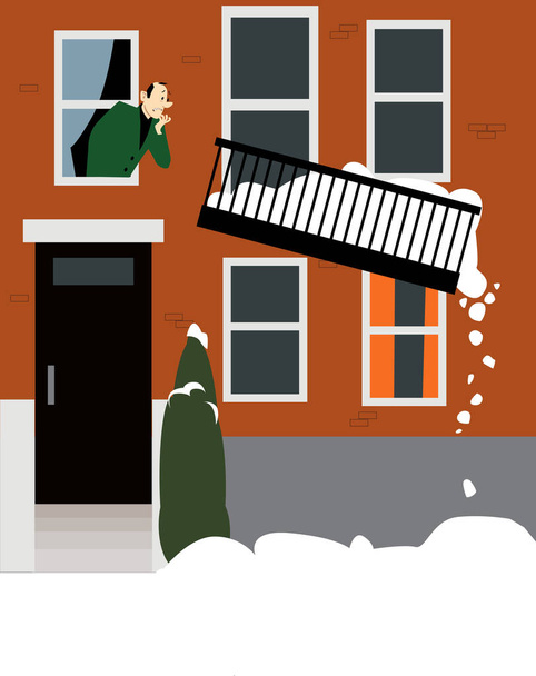 Bezorgde man kijkt naar zijn balkon opgeven onder een gewicht van geaccumuleerde sneeuw, EPS 8 vector illustratie - Vector, afbeelding