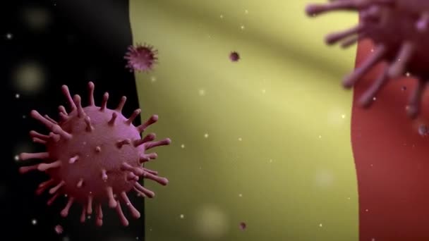 3D illustration βελγική σημαία κυματίζει και Coronavirus 2019nCov concept. Ασιατικό ξέσπασμα στο Βέλγιο, οι κορωναϊοί της γρίπης ως επικίνδυνα κρούσματα στελέχους γρίπης ως πανδημία. Ιός μικροσκοπίου Covid 19- Dan - Πλάνα, βίντεο