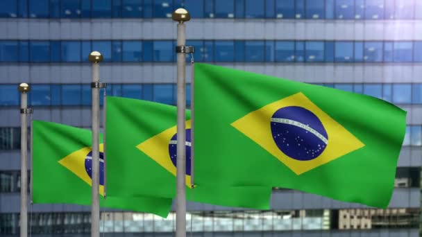 3D-Illustration Brasilianische Flagge weht in einer modernen Wolkenkratzerstadt. Schöner hoher Turm mit Brasilien-Fahne weht weiche Seide. Textur Stoff Fähnrich Hintergrund. Nationalfeiertagskonzept - Filmmaterial, Video