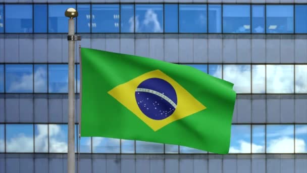 3D-kuvitus Brasilian lippu vilkuttaa modernissa pilvenpiirtäjäkaupungissa. Kaunis pitkä torni Brasilian banneri puhaltaa pehmeää silkkiä. Kankaalla kangas rakenne aliluutnantti tausta. Kansallinen päivä maan käsite. Dan - Materiaali, video