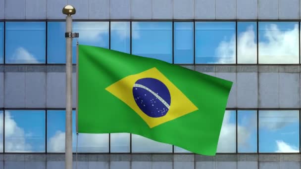 3D-kuvitus Brasilian lippu vilkuttaa modernissa pilvenpiirtäjäkaupungissa. Kaunis pitkä torni Brasilian banneri puhaltaa pehmeää silkkiä. Kankaalla kangas rakenne aliluutnantti tausta. Kansallinen päivä maan käsite. Dan - Materiaali, video