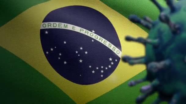 3D-kuvitus Brasilian lipun heiluttaminen ja Coronavirus 2019 nCov konsepti. Maailmanlaajuinen epidemia Brasiliassa, sepelvaltimovirus influenssa vaarallisena influenssaviruskantana kuin pandemia. Mikroskooppivirus Covid19-Dan - Materiaali, video