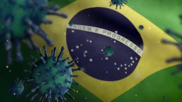 Ilustración 3D Bandera brasileña ondeando con brote de Coronavirus infectando el sistema respiratorio como gripe peligrosa. Virus de la influenza tipo Covid 19 con pancarta nacional de Brasil soplando en segundo plano Dan - Imágenes, Vídeo