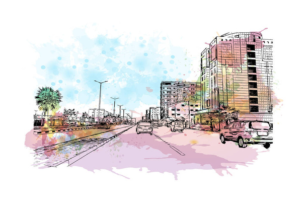 印刷Dammamのランドマークとビルディングビューは、サウジアラビアの都市です。手描きのスケッチイラストと水彩スプラッシュベクトル. - ベクター画像