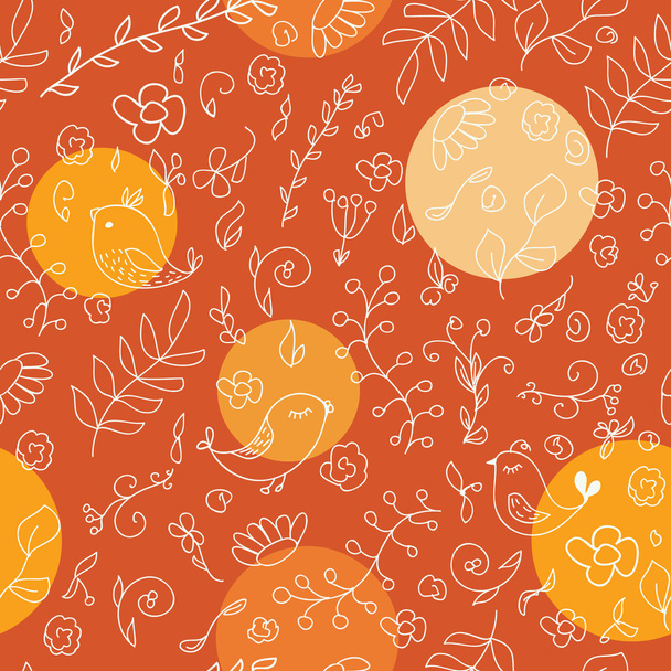 Warm colors seamless background with birds and flowers - Διάνυσμα, εικόνα