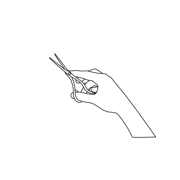 El contorno de las tijeras en tu mano. El barbero sostiene la herramienta. Boceto, garabato, línea negra sobre fondo blanco. Peluqueros signo, vector con movimiento editable. - Vector, Imagen