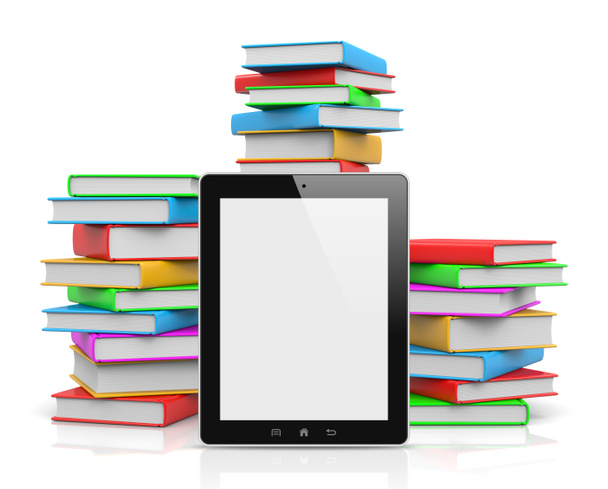 tablet pc μπροστά από σωρούς από βιβλία - Φωτογραφία, εικόνα