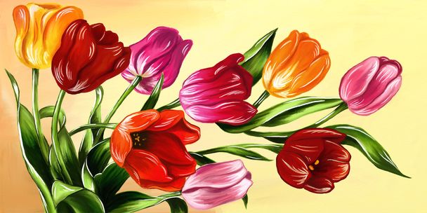 Tulips different colors digital hand drawn in oil style. Spring flowers illustration ideal for banners, postcards,  woman day 8 march. - Vektor, kép