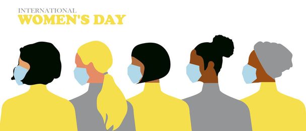 Briefkaart met Internationale Vrouwendag. Briefkaart sjabloon in trending gele en grijze kleuren 2021 met vrouwen in medische maskers van verschillende nationaliteiten en religies. - Foto, afbeelding
