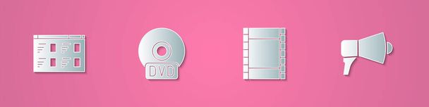 紙カットを設定オンライン再生ビデオ、 CDまたはDVDディスク、再生ビデオとメガホンのアイコンを再生します。紙のアートスタイル。ベクトル. - ベクター画像