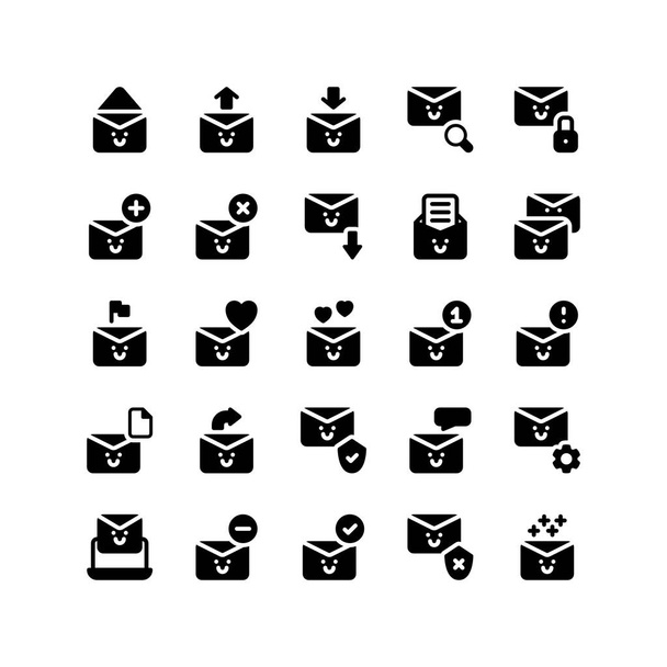 Set of Aranyos Mail, e-mail, internetes postaláda karakter aranyos glyph stílus ikon és illusztráció - vektor - Vektor, kép
