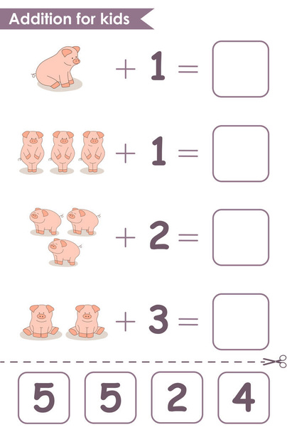 Lisääminen peli söpö sikoja. Matematiikka peli lapsille. Ratkaise yhtälöt laskemalla siat. Esikoululaisten työarkki. Vektoriesimerkki. - Vektori, kuva
