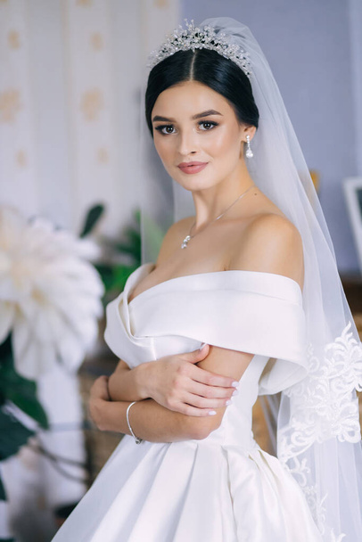 Elegant bride in a portrait of a wedding dress in a hotel, makeup, and with a veil on her head - Foto, afbeelding