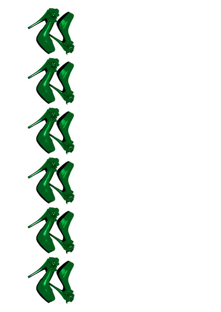 Cadres sur fond blanc A4, vertical Chaussures vertes habillées sur la plate-forme avec un nœud sur un talon haut et fin. Des chaussures. Mode - Vecteur, image