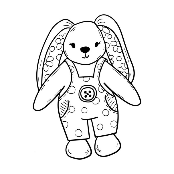 Cute bunny soft toy illustration outline, isolated on white background. Coloring book page. - Vector, Image