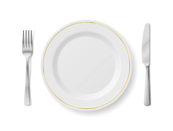 Valkoinen lautanen haarukalla ja veitsellä, ylhäältä. Tyhjä lautasen ruokailuvälineet asetettu eristetty valkoisella taustalla. Vektori kuva kattaus, syöminen, ravintolapalvelu, ruokailuvälineet, jne - Vektori, kuva
