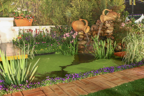 идеальное озеленение двора, озелененный пруд - Фото, изображение