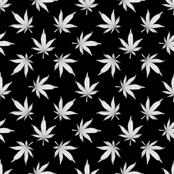 Modèle sans couture de cannabis. Feuilles de chanvre blanc sur fond noir. Illustration vectorielle de modèle de marijuana - Vecteur, image