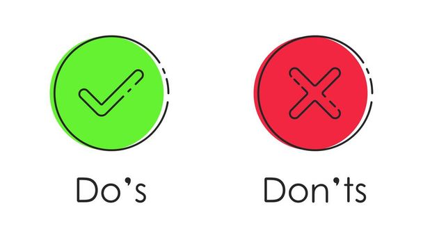 ドスとドンはラインアートスタイルで署名します。緑色と赤のマークを確認します。緑色の棒と赤い十字。概念とは異なります。投票、選挙の選択、チェックリスト要素、拒否または受け入れるためのボタン。ベクターイラスト - ベクター画像
