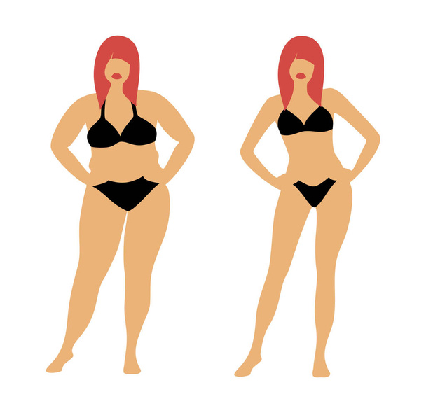 Mulheres gordas e magras com cabelo ruivo em um maiô preto frontal em um fundo branco. Ilustração vetorial antes e depois da perda de peso. - Vetor, Imagem