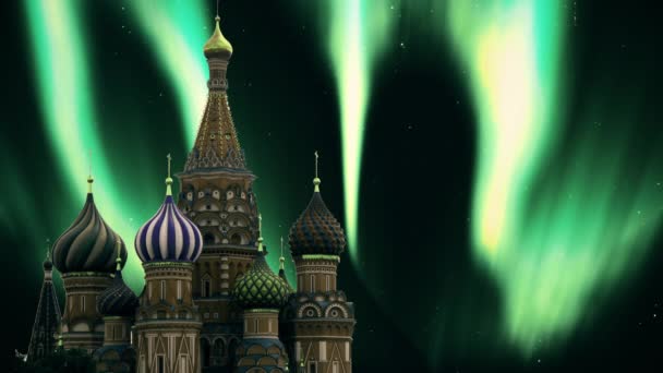 St. Basilius Moskauer Kathedrale Kirche Russland Nordlichter Polarlicht borealis Himmel a - Filmmaterial, Video