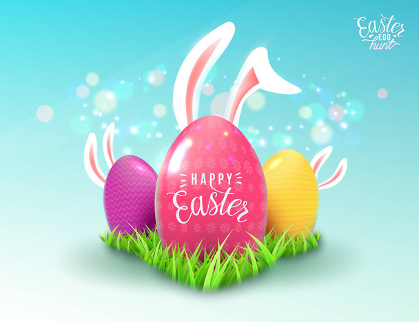 Húsvéti háttér zöld fű, színes díszíteni tojás, húsvéti nyuszi fülek - Vektor, kép